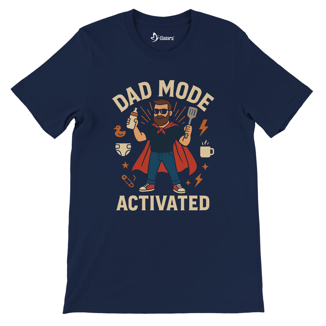CIASARA men's navy dad mode activated t-shirt with graphic dad holding a spatula and baby bottle