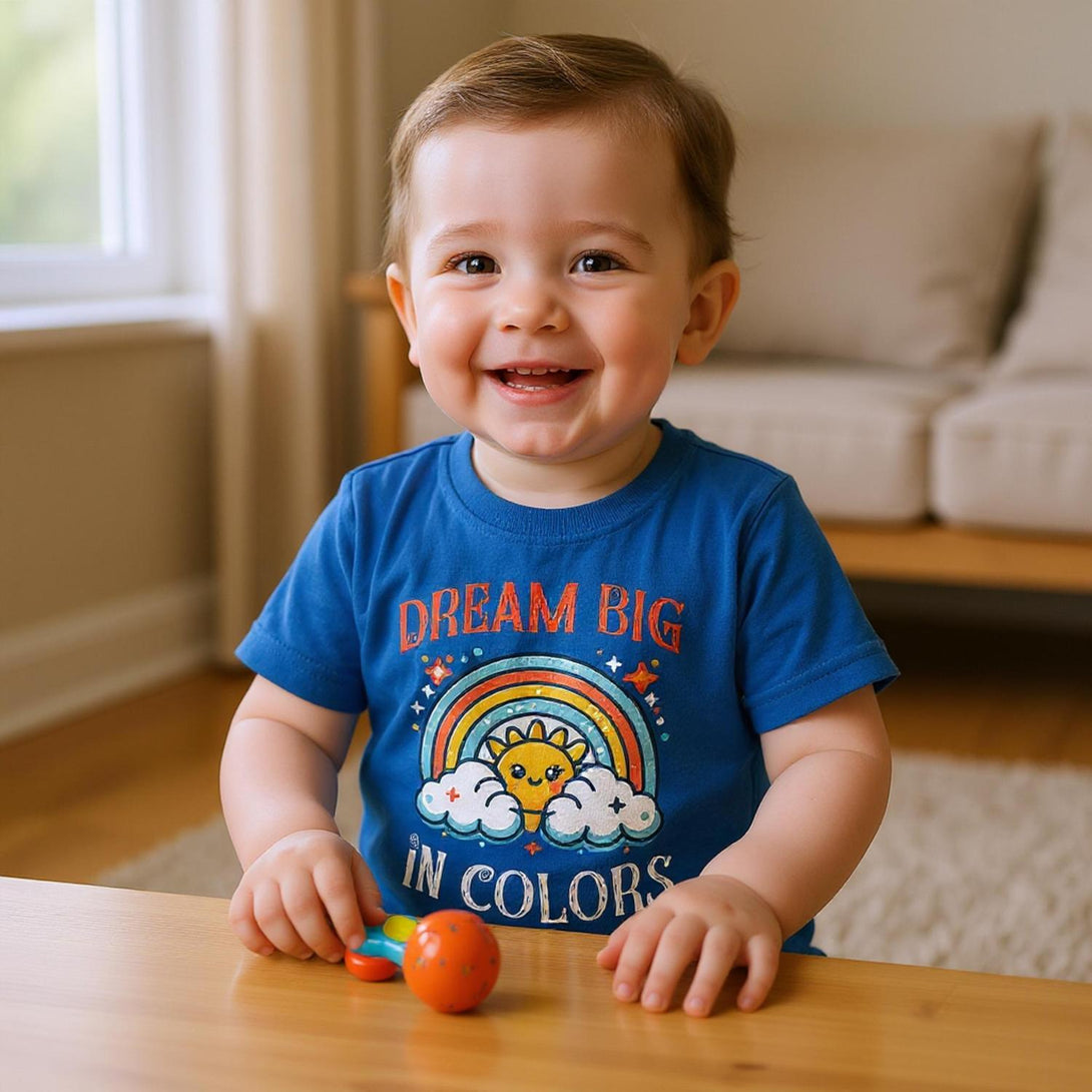 CIASARA colorful toddler t shirt worn by happy boy with rainbow and sun design sitting indoors