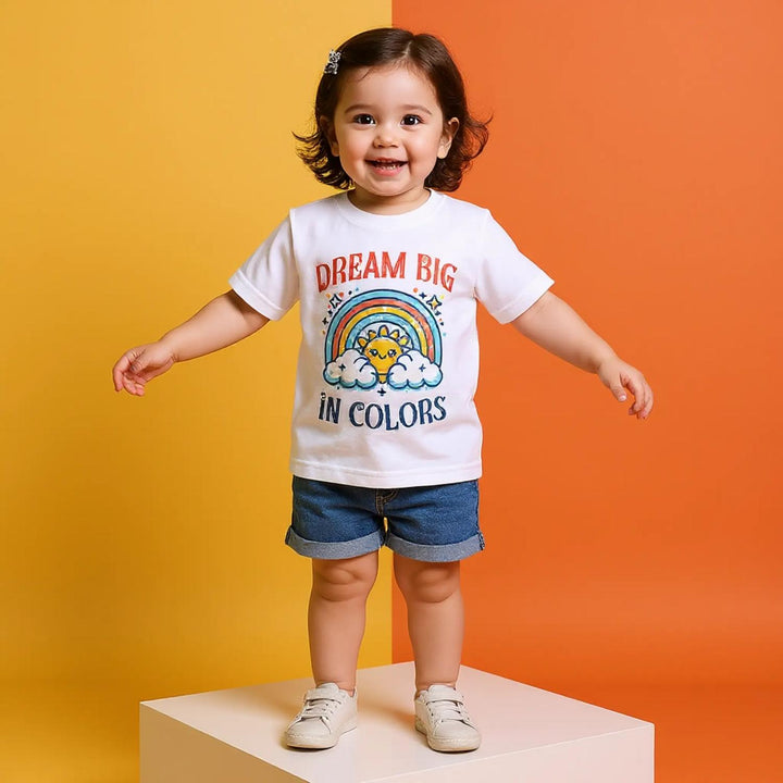 CIASARA boys colorful toddler t shirt with dream big rainbow design worn by smiling toddler boy