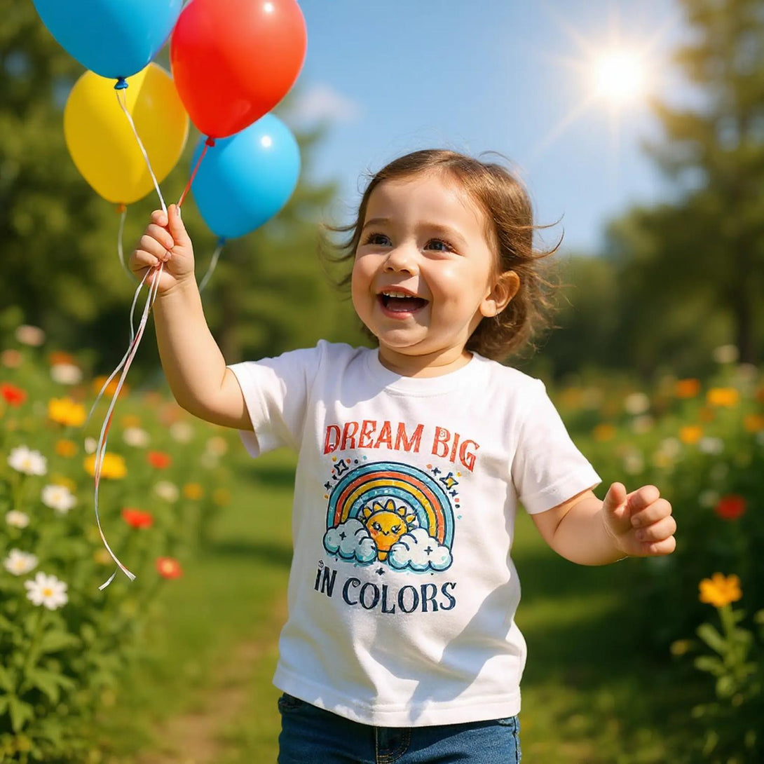 CIASARA colorful toddler t shirt with dream big in colors print worn by happy boy holding balloons outdoors