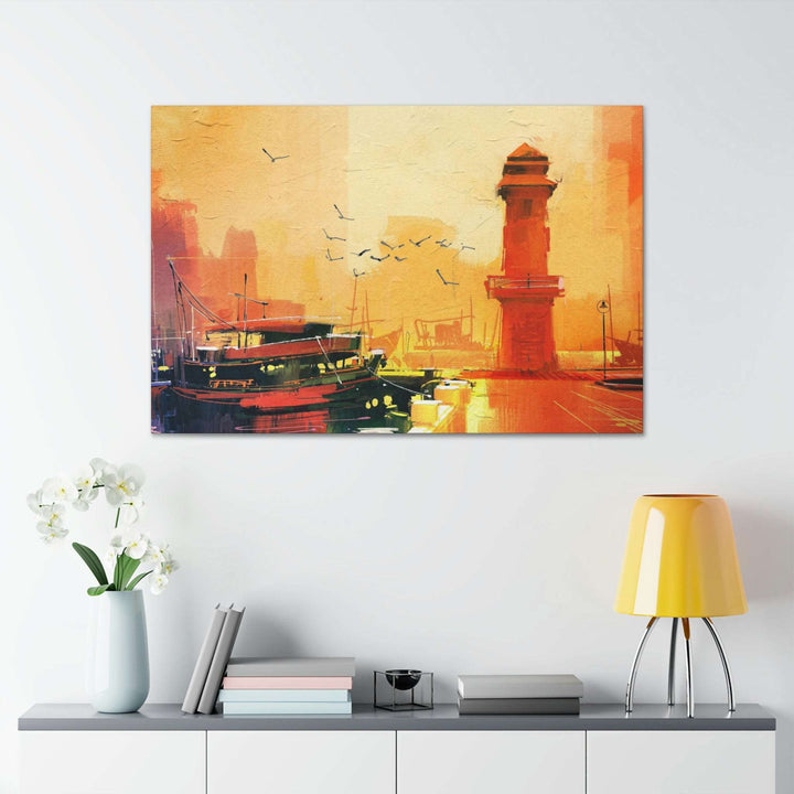 PopularityPro Canvas Print - Seaside Sunset with Mesmerizing Lighthouse and Fishing Boat