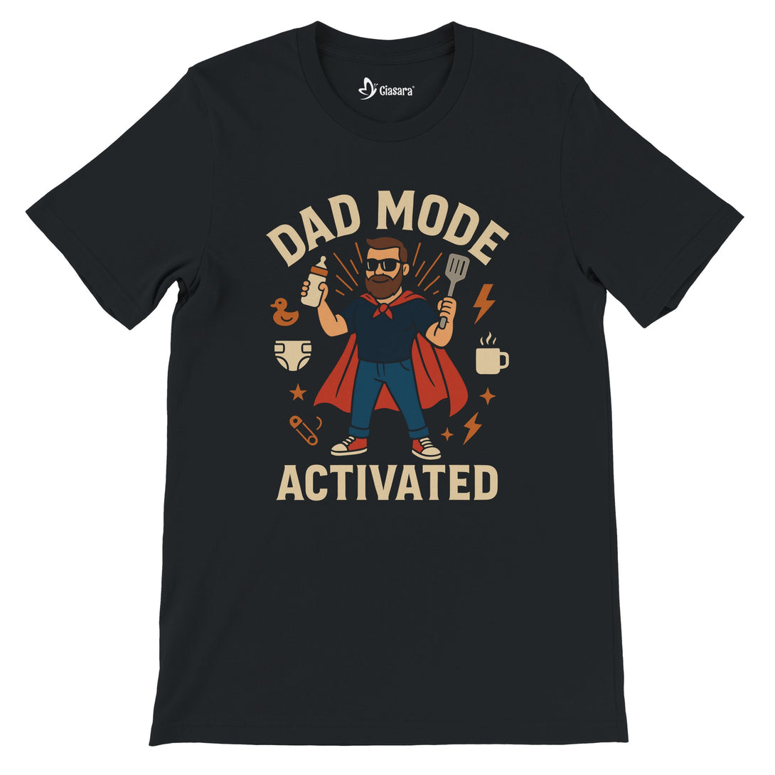 CIASARA men's black dad mode activated t-shirt with graphic superhero dad holding spatula and baby bottle