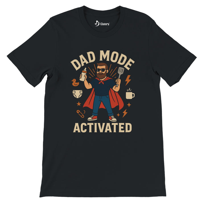 CIASARA men's black dad mode activated t-shirt with graphic superhero dad holding spatula and baby bottle