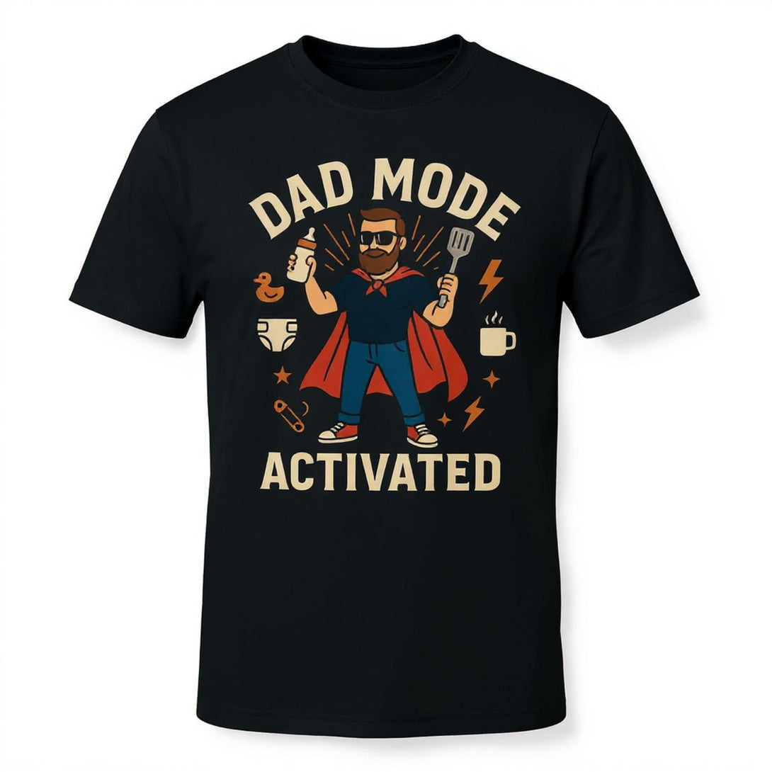 CIASARA men's black dad mode activated t-shirt with superhero dad graphic holding baby bottle and spatula