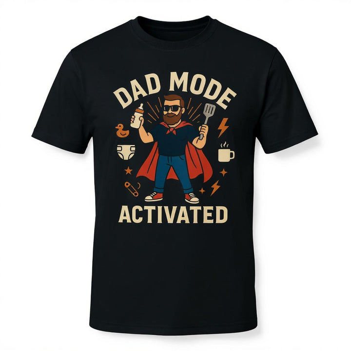 CIASARA men's black dad mode activated t-shirt with superhero dad graphic holding baby bottle and spatula