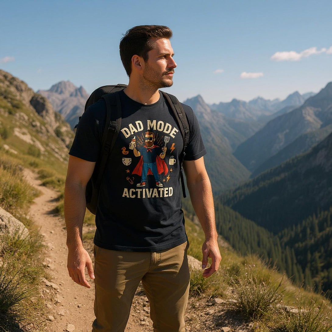 CIASARA men's dad mode activated t-shirt worn by man hiking in mountain trail with scenic background