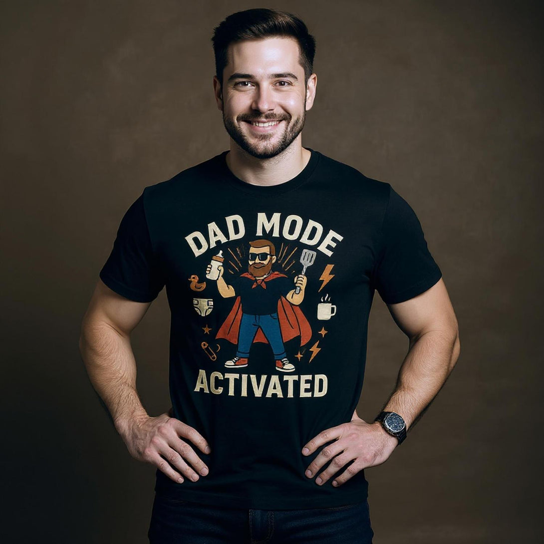 Men's black dad mode activated t-shirt by CIASARA featuring graphic dad superhero design