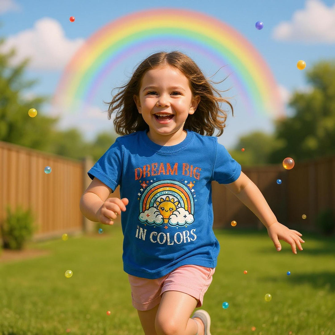 Boys colorful toddler t shirt by CIASARA with rainbow and sun graphic worn by happy child outdoors