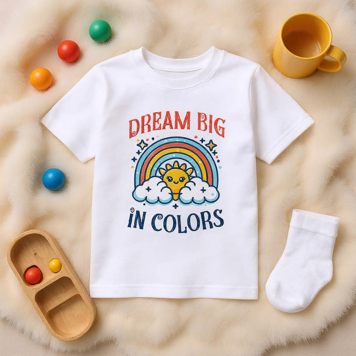 CIASARA boys colorful toddler t shirt white with Dream Big in Colors rainbow print
