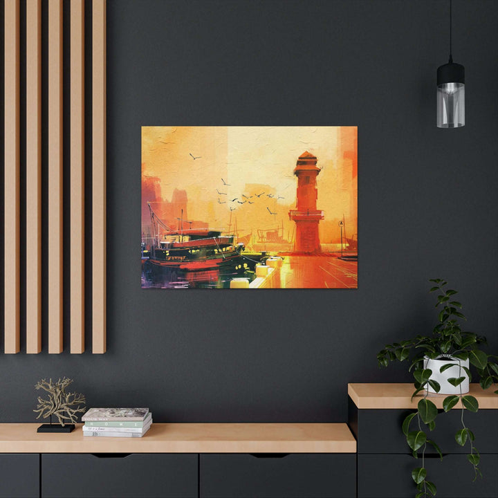 PopularityPro Canvas Print - Seaside Sunset with Mesmerizing Lighthouse and Fishing Boat