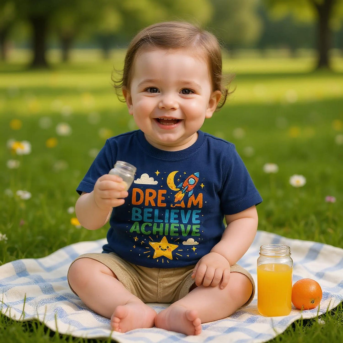 CIASARA baby wearing navy cute inspirational kids tee with rocket Dream Believe Achieve design on picnic