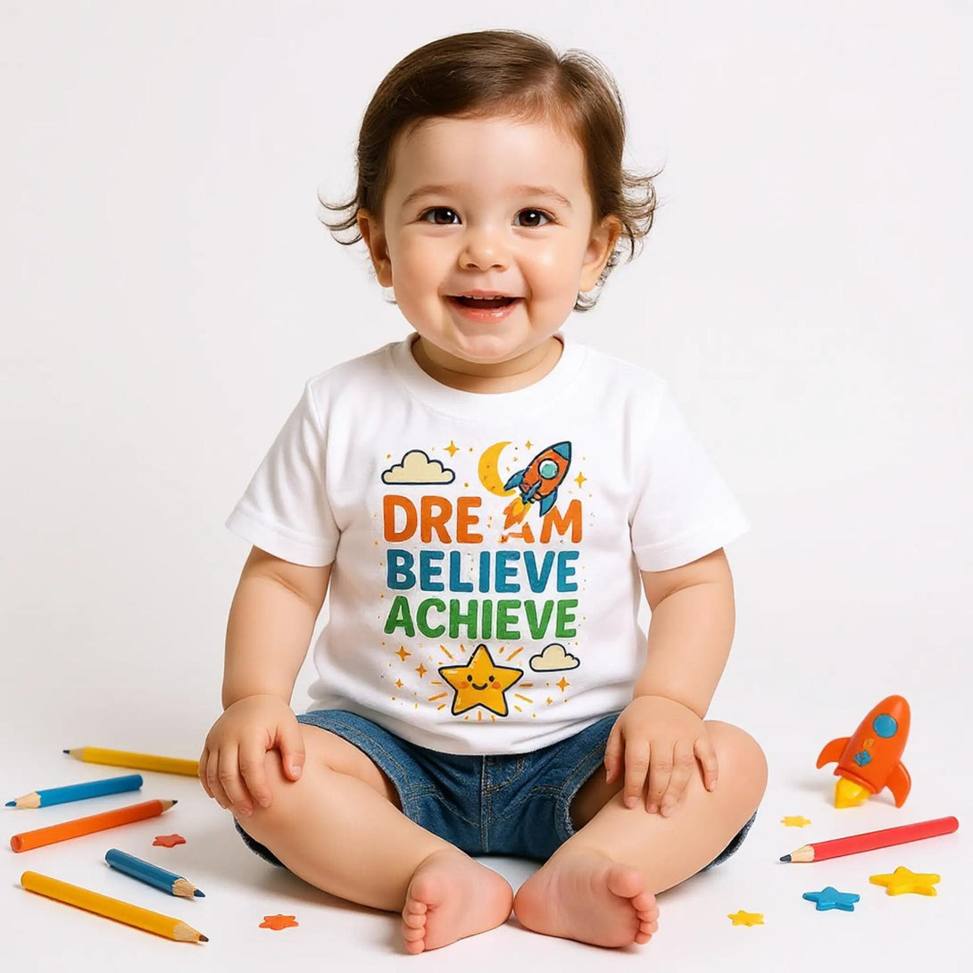 CIASARA baby wearing white cute inspirational kids tee with rocket Dream Believe Achieve print