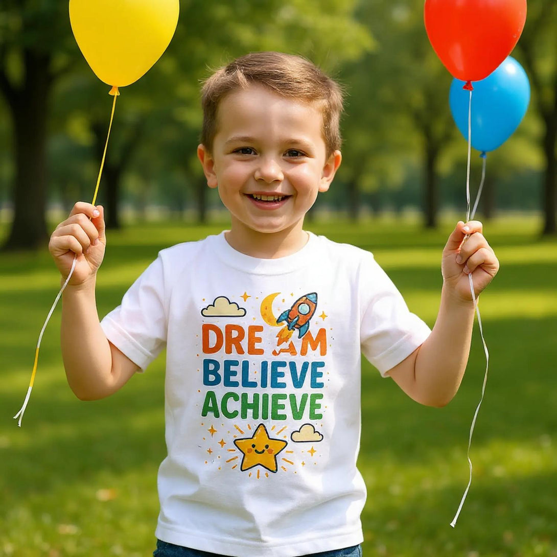 CIASARA cute inspirational kids tee white shirt with rocket Dream Believe Achieve worn by smiling boy holding balloons in park