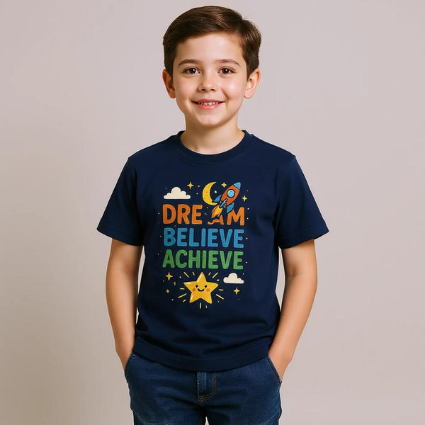 CIASARA cute inspirational kids tee navy blue with rocket Dream Believe Achieve graphic on smiling boy