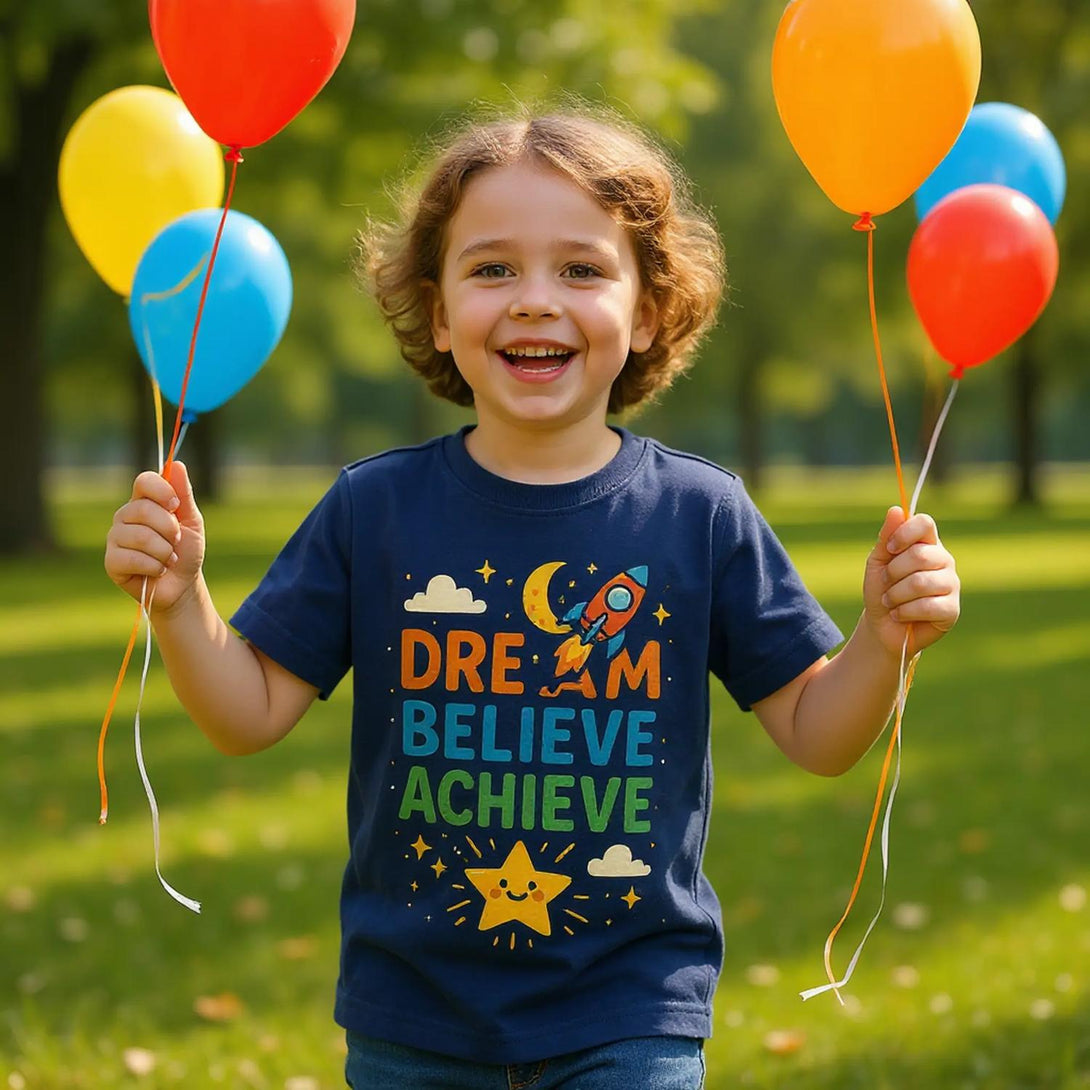 CIASARA cute inspirational kids tee navy with rocket dream believe achieve worn smiling child holding balloons outdoors