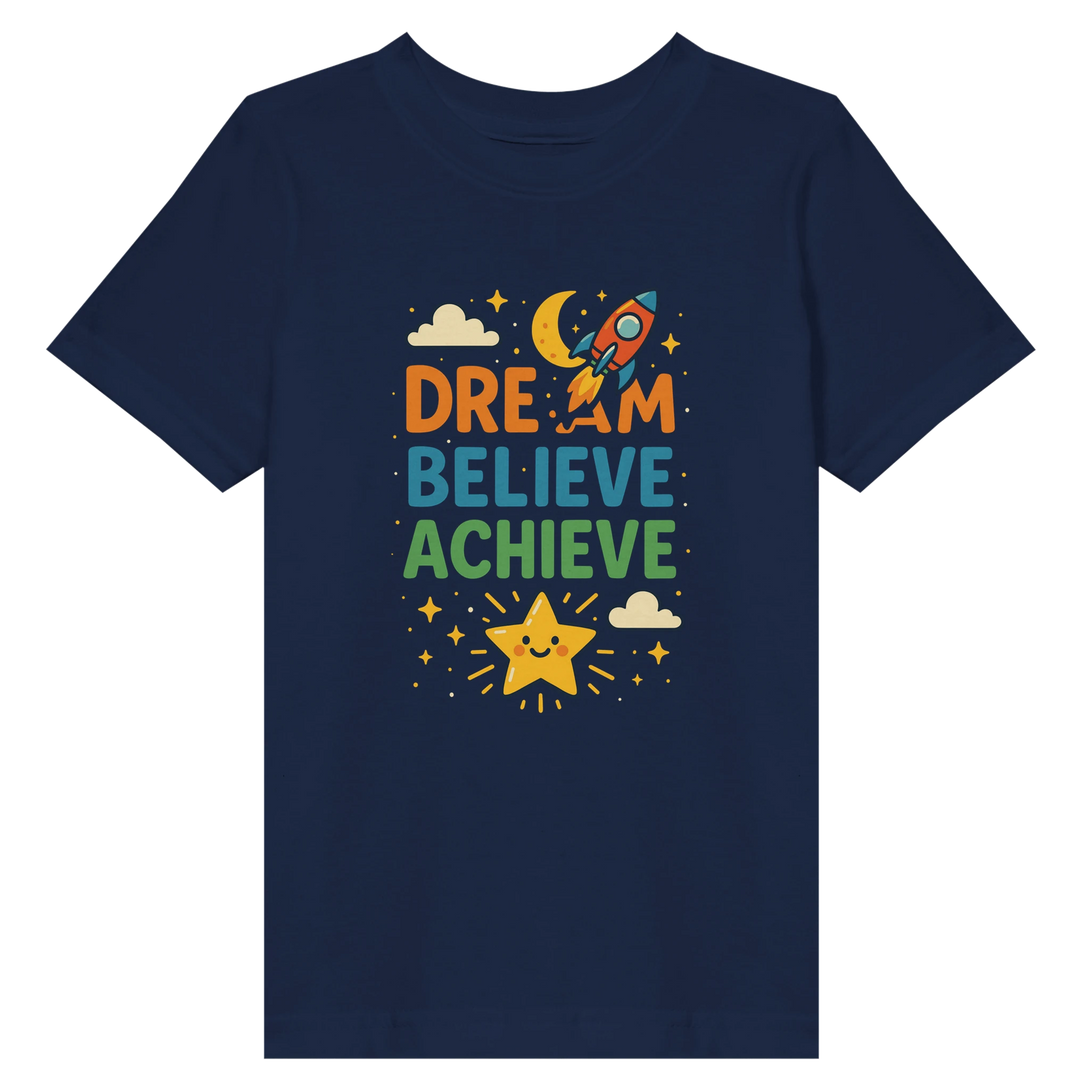 CIASARA navy kids t shirt with colorful Dream Believe Achieve rocket moon and smiling star design cute inspirational kids tee