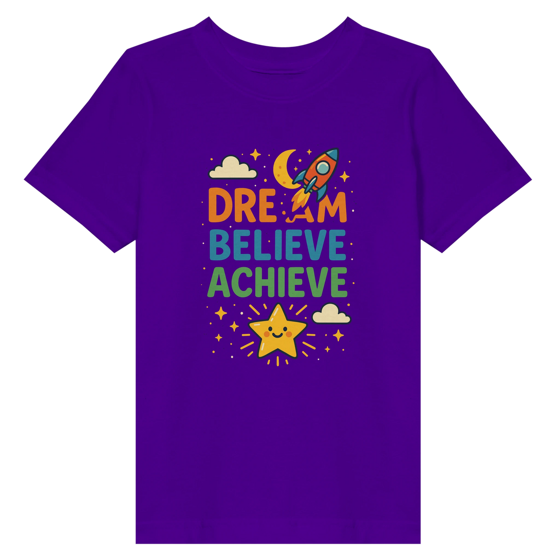 CIASARA purple kids t shirt with rocket moon star and Dream Believe Achieve design cute inspirational kids tee