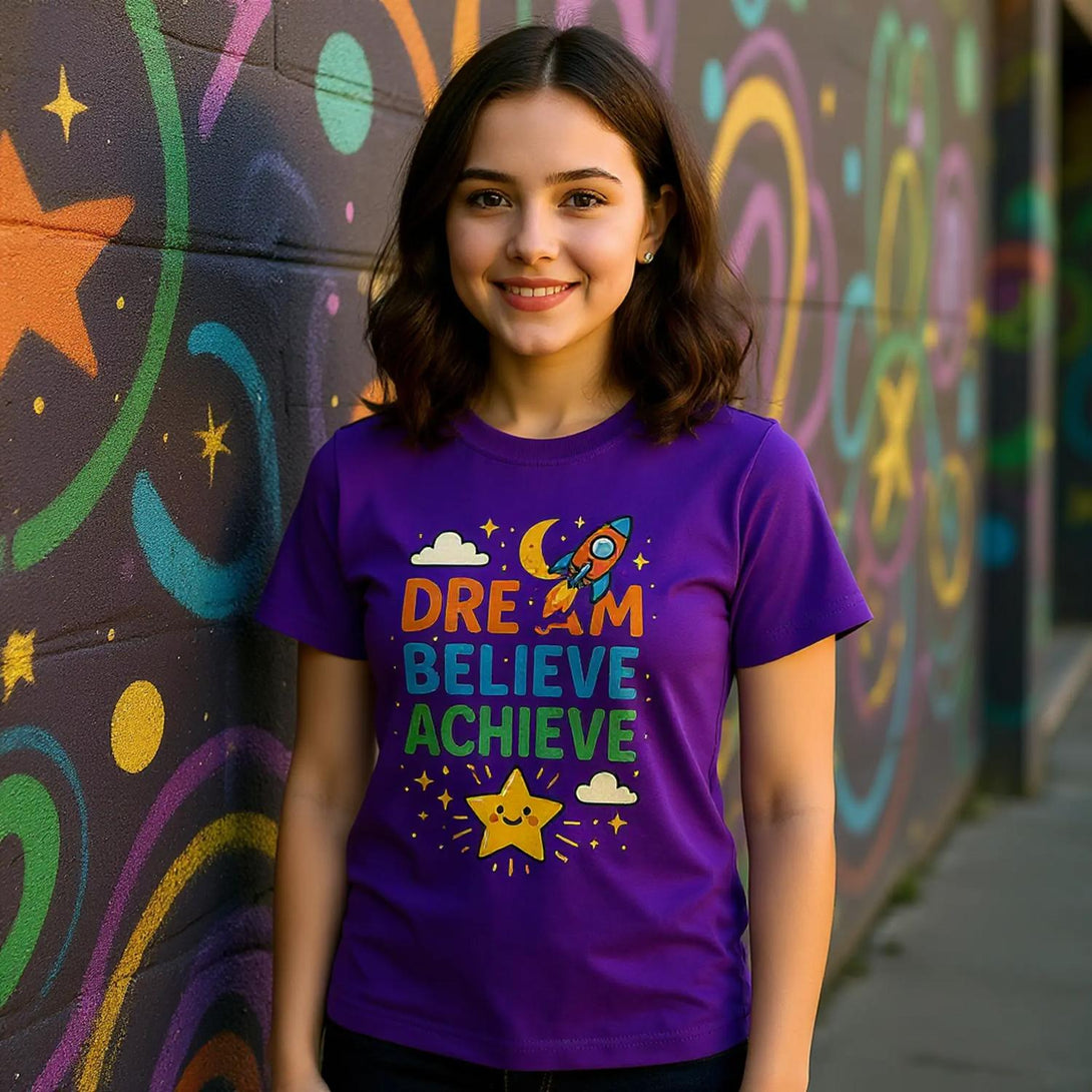CIASARA purple girls t shirt with rocket Dream Believe Achieve design worn by smiling girl cute inspirational kids tee
