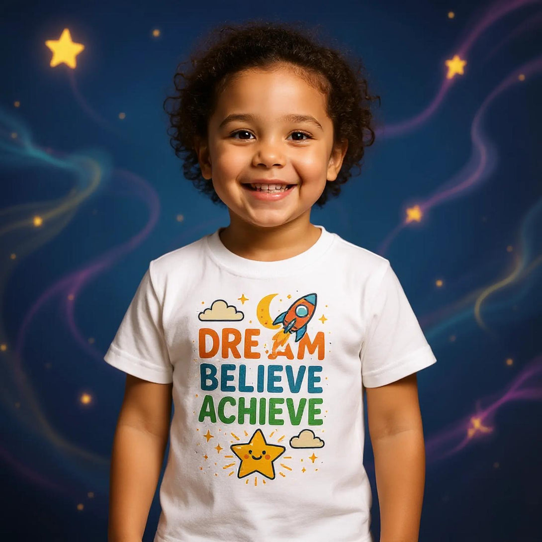 CIASARA white kids tee with rocket Dream Believe Achieve print worn by smiling child cute inspirational kids tee