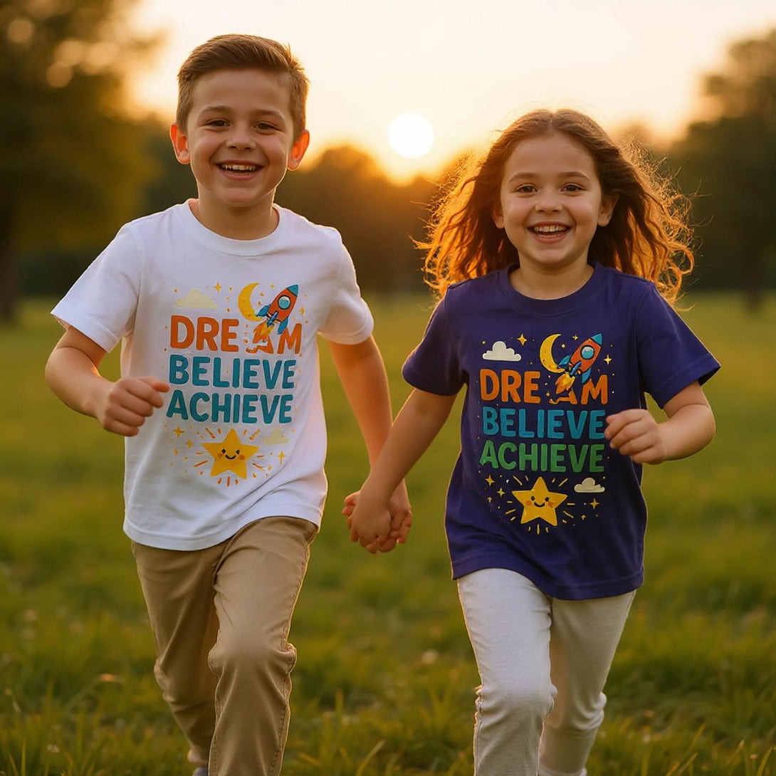 CIASARA cute inspirational kids tee worn by two smiling children running hand in hand at sunset