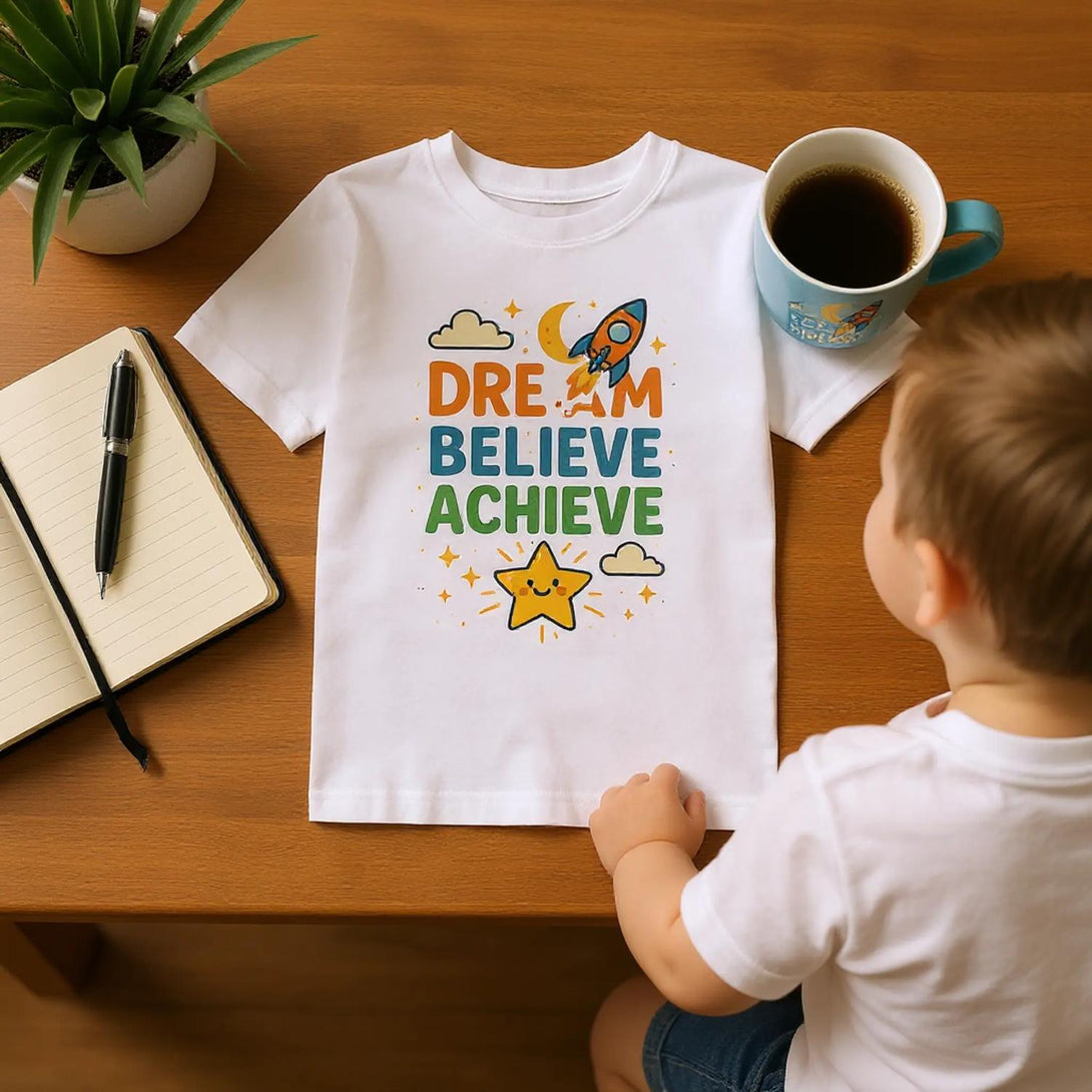 CIASARA white kids t shirt with colorful Dream Believe Achieve rocket design viewed by child cute inspirational kids tee