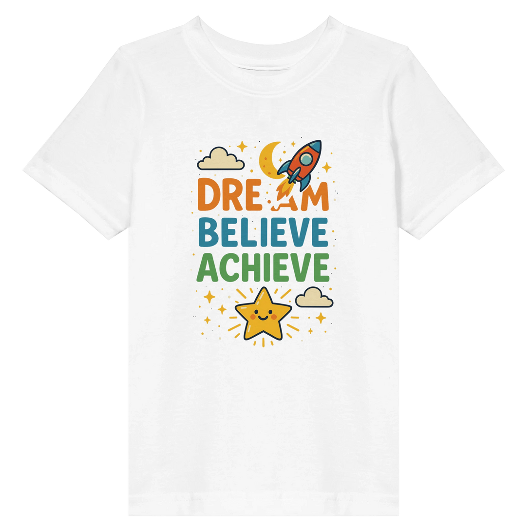 CIASARA white kids t shirt with rocket star and clouds graphic Dream Believe Achieve text cute inspirational kids tee