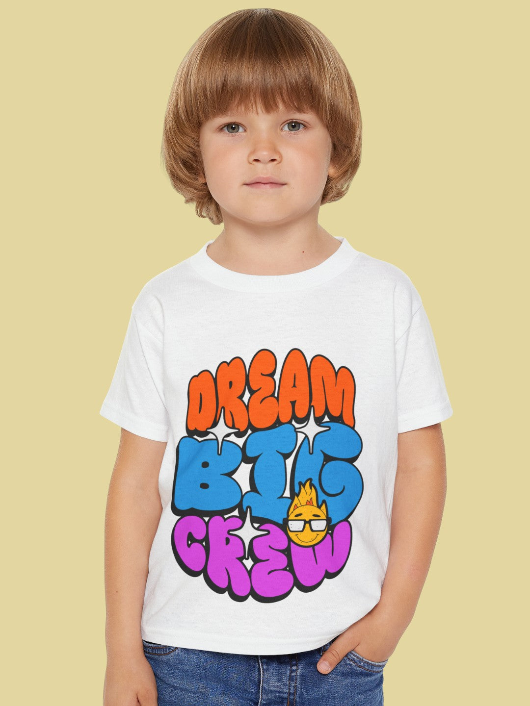 CIASARA motivational toddler t-shirt white with colorful dream big crew graphic worn by young boy