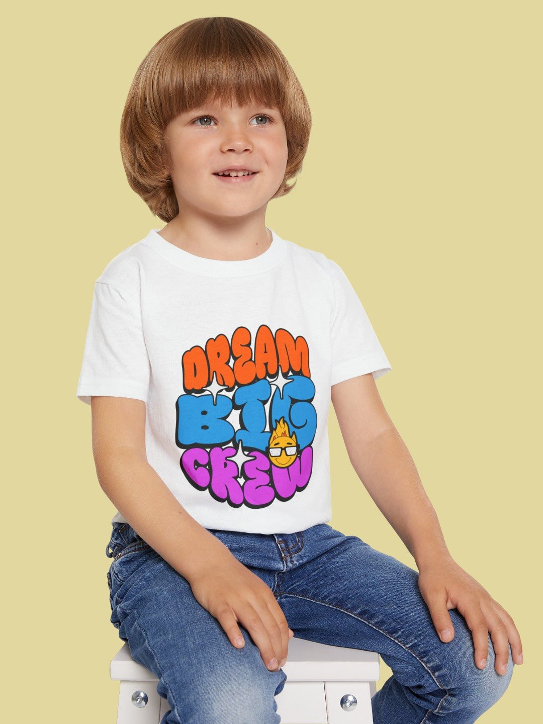CIASARA motivational toddler t-shirt with colorful dream big crew print worn by smiling boy