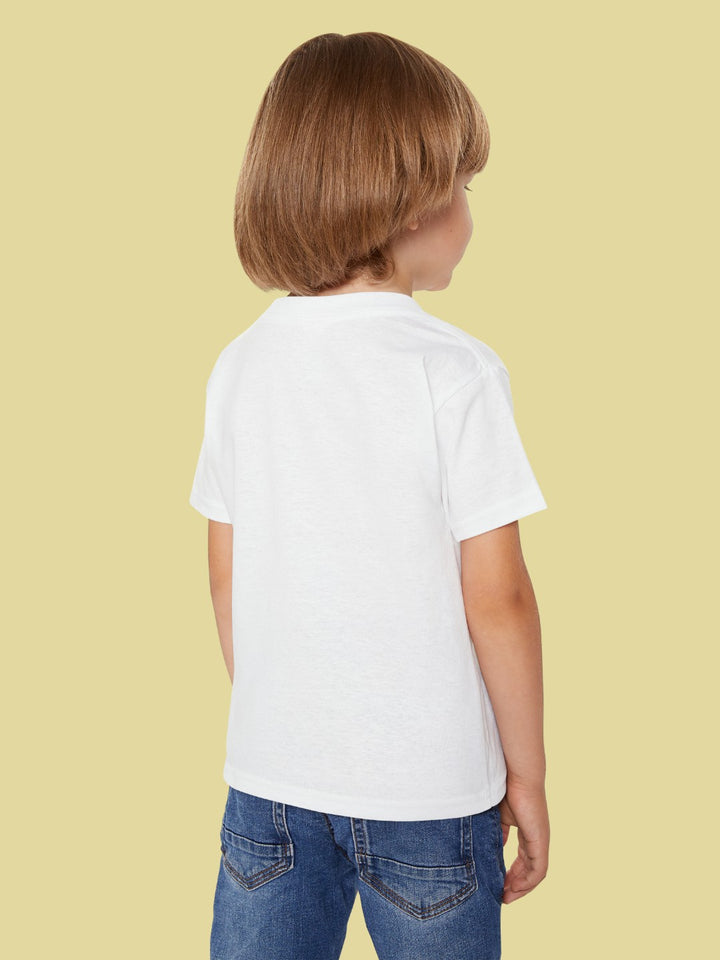 Back view of a toddler wearing a white motivational toddler t-shirt and blue jeans by CIASARA