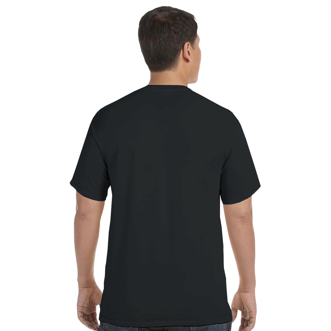 Back view of a man wearing a black poker graphic t-shirt from CIASARA with short sleeves