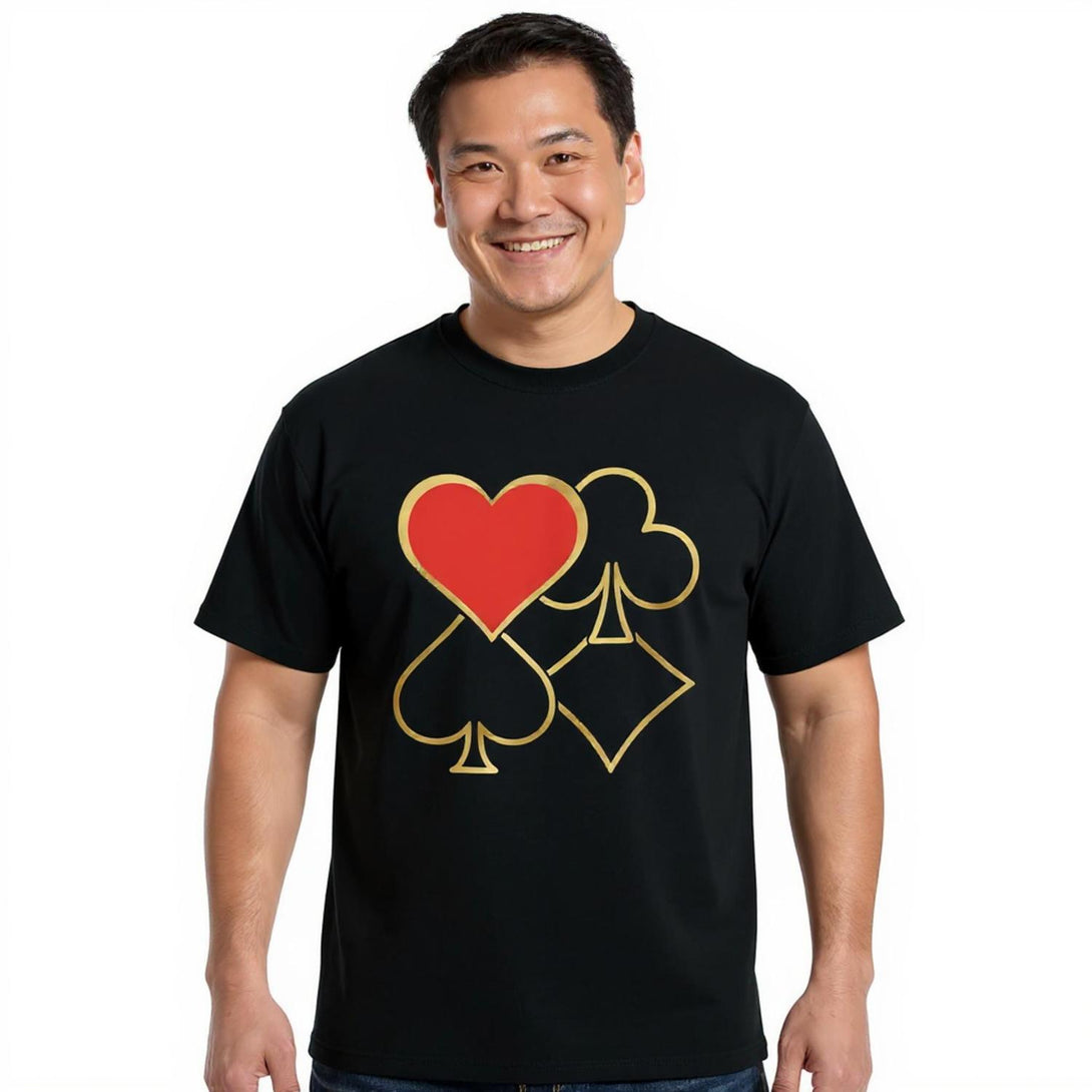 CIASARA men's poker graphic t-shirt in black with bold red heart and gold card suit designs