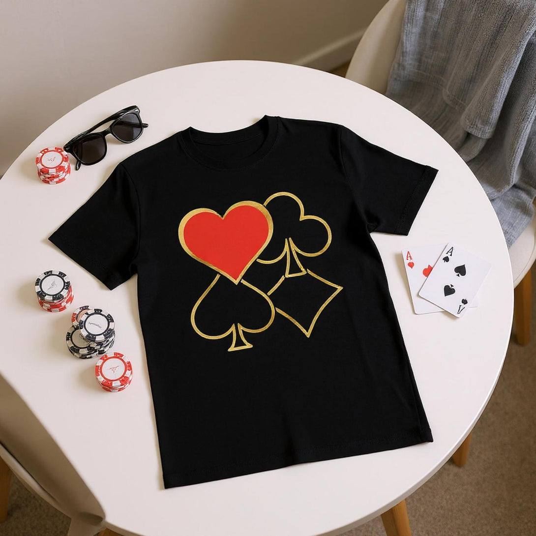 CIASARA men's poker graphic t-shirt in black with red heart and gold card suits design
