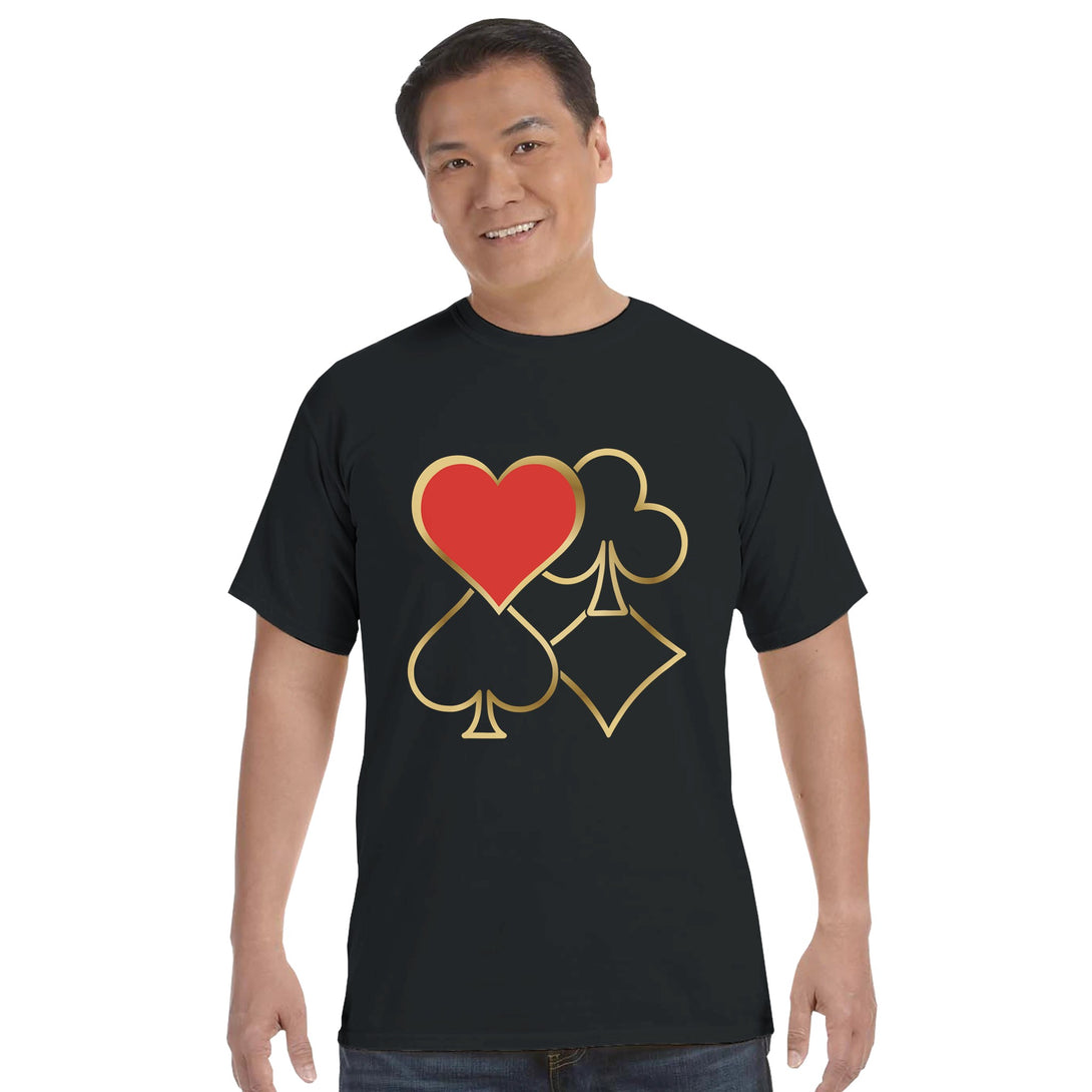 CIASARA men's poker graphic t-shirt in black with card suit symbols heart, spade, club, and diamond