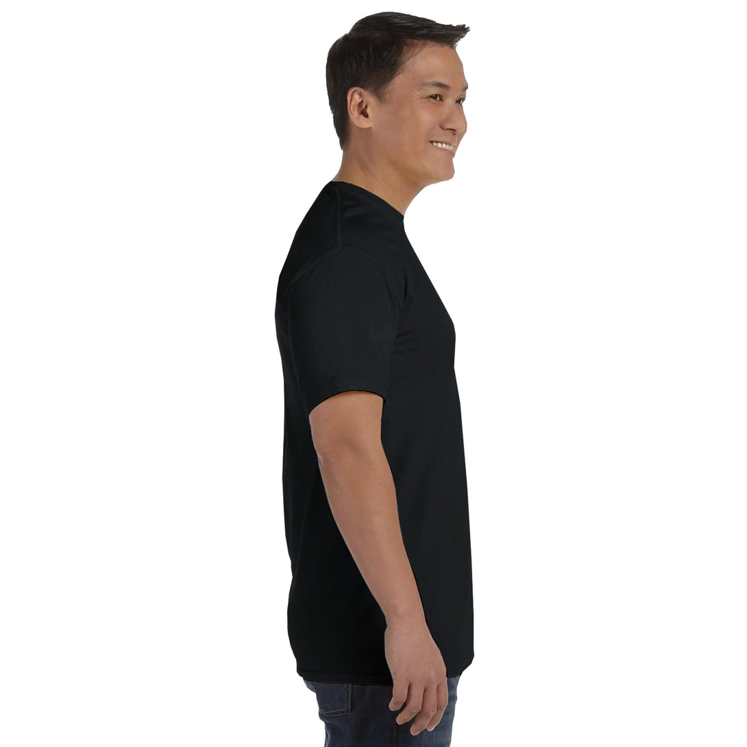 CIASARA men's plain black poker graphic t-shirt side view on smiling model