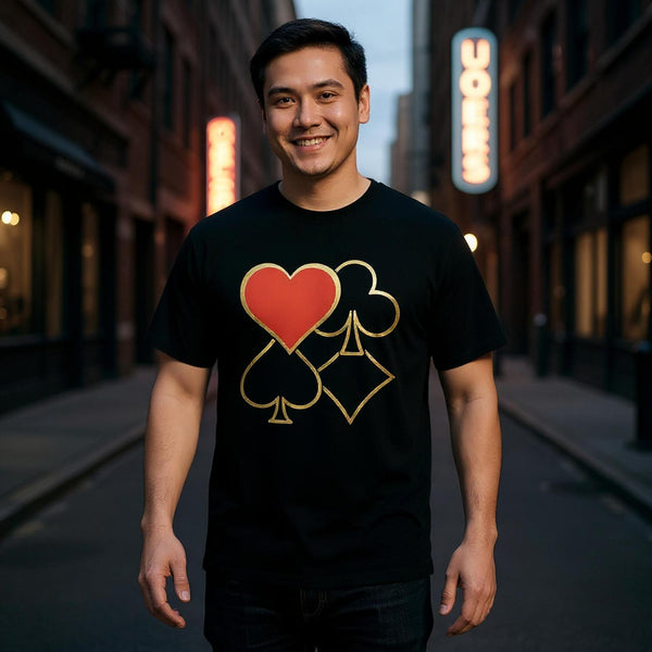 CIASARA men's poker graphic t-shirt with gold and red card suits design on black fabric