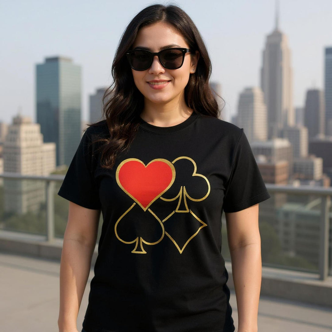 CIASARA men's poker graphic t-shirt featuring red heart and gold card suits design