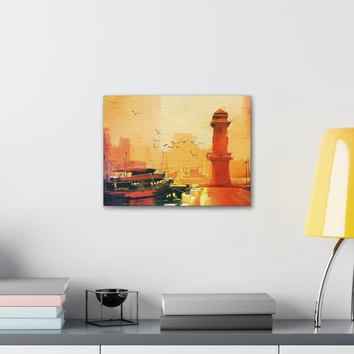 PopularityPro Canvas Print - Seaside Sunset with Mesmerizing Lighthouse and Fishing Boat - CIASARA