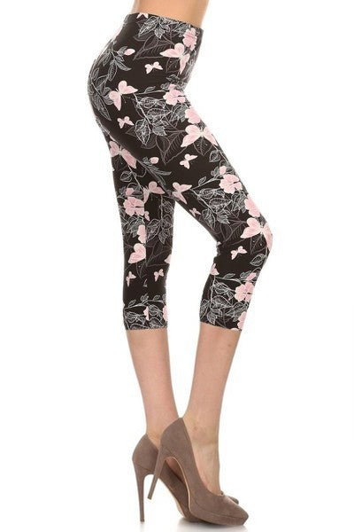 Multi-color Print, Cropped Capri Leggings In A Fitted Style With A Banded High Waist.