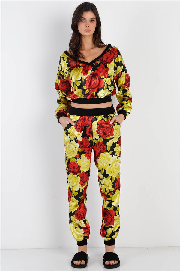 Black & Satin Effect Red & Lime Floral Print V-neck Top & Pants Set