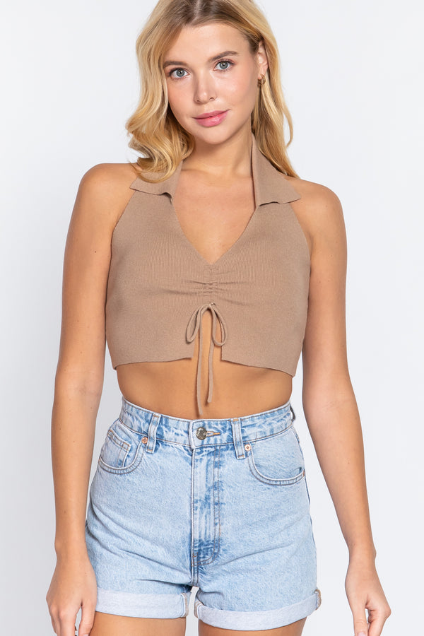 Halter Ruched Crop Sweater Knit Top