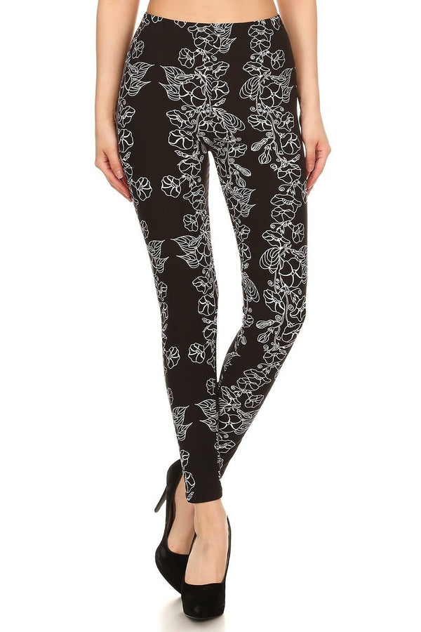 Floral Print High Waist Basic Solid Leggings