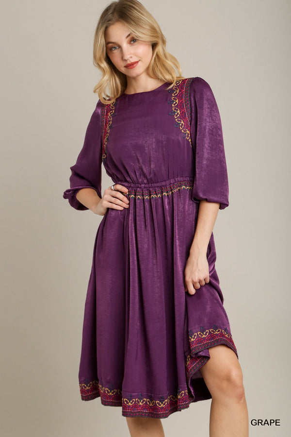 Satin Round Neck Embroidery Midi Dress