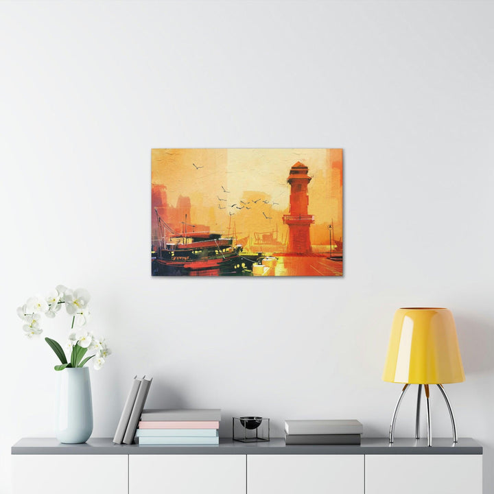 PopularityPro Canvas Print - Seaside Sunset with Mesmerizing Lighthouse and Fishing Boat - CIASARA