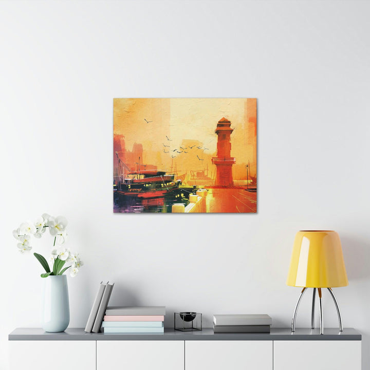 PopularityPro Canvas Print - Seaside Sunset with Mesmerizing Lighthouse and Fishing Boat - CIASARA